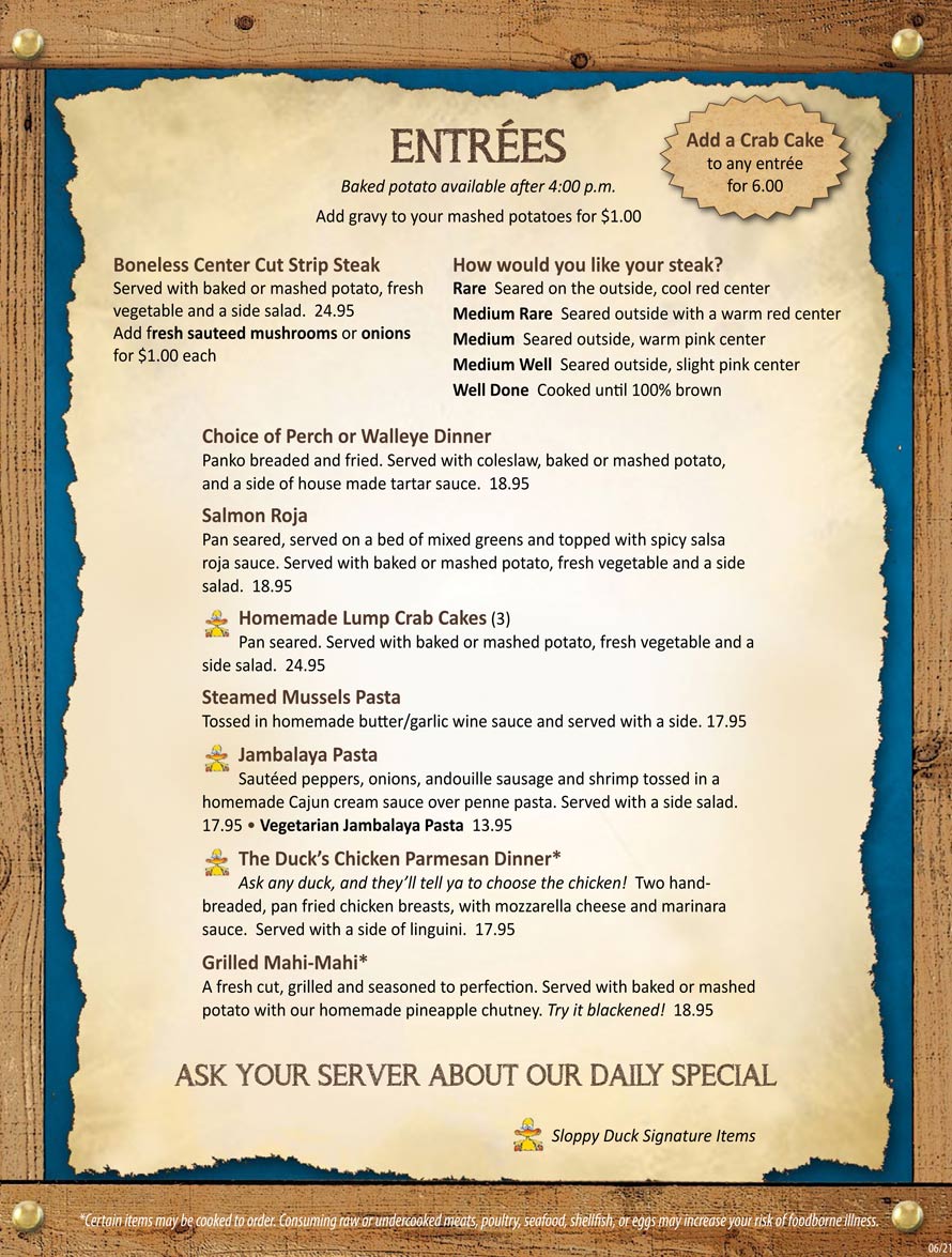 The Sloppy Duck Saloon Menu Great Food Erie PA